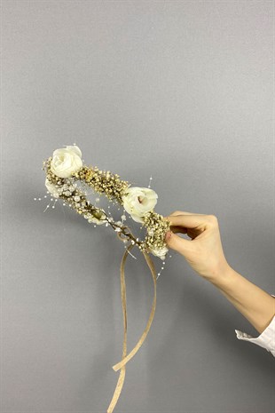 Krem Şakayık Çiçekli Cipsolu İncili Fiyonklu Dış Çekim Gelin Tacı