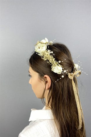 Krem Şakayık Çiçekli Cipsolu İncili Fiyonklu Dış Çekim Gelin Tacı