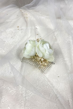 Krem Şakayık Çiçekli Cipsolu Taraklı Saç Tokası