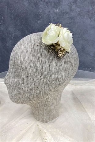 Krem Şakayık Çiçekli Cipsolu Taraklı Saç Tokası