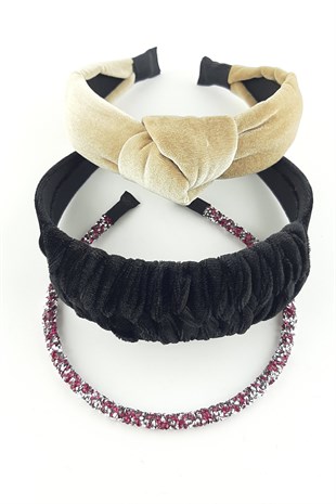 Krem Siyah Pembe 3lü Kadife Taç Takım