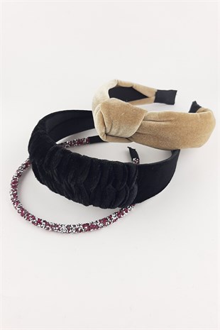 Krem Siyah Pembe 3lü Kadife Taç Takım