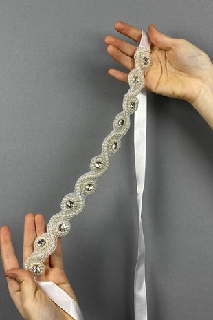 Krem Su Yolu Abiye Elbise Aksesuarı Taşlı Bel Kemeri 