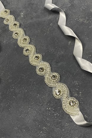 Krem Su Yolu Abiye Elbise Aksesuarı Taşlı Bel Kemeri 