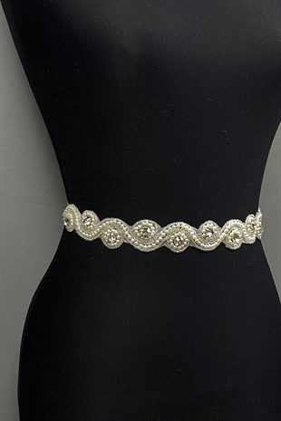 Krem Su Yolu Abiye Elbise Aksesuarı Taşlı Bel Kemeri 