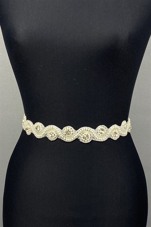 Krem Su Yolu Abiye Elbise Aksesuarı Taşlı Bel Kemeri 