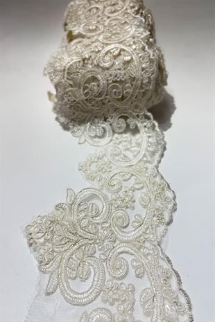 Krem Taşlı Boncuk İşlemeli Kenar Fransız Danteli Güpür