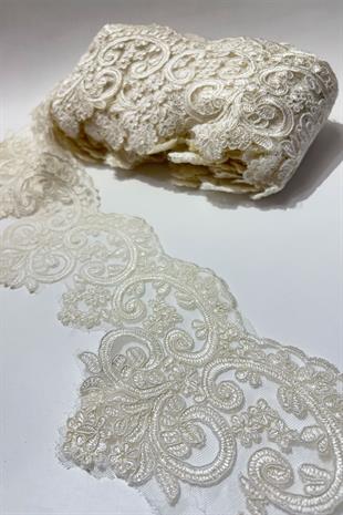 Krem Taşlı Boncuk İşlemeli Kenar Fransız Danteli Güpür