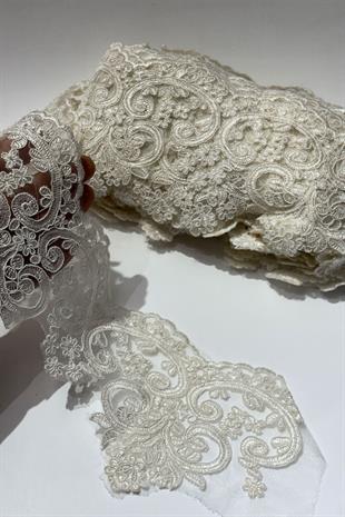 Krem Taşlı Boncuk İşlemeli Kenar Fransız Danteli Güpür