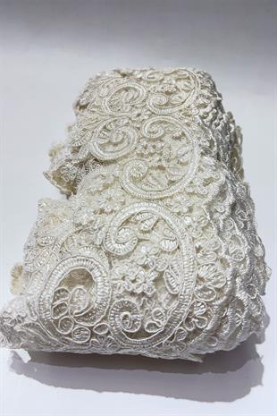 Krem Taşlı Boncuk İşlemeli Kenar Fransız Danteli Güpür