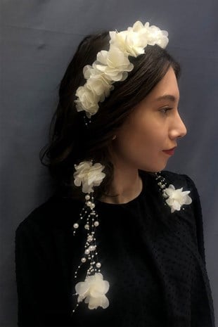 Krem Tüllü Lazer Çiçekli Taç