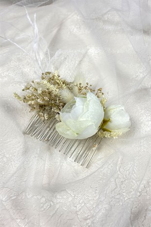 Krem Tüylü ve Cipso Çiçekli Taraklı Saç Aksesuarı