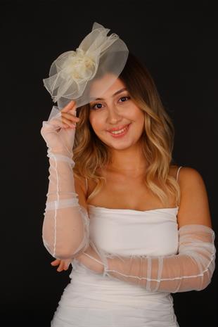 Cream Voile Wedding Hat Koev Tulle Bridal Accessory and Gloves