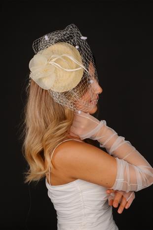 Cream Voile Wedding Hat, Milne Tulle Bridal Accessory and Gloves