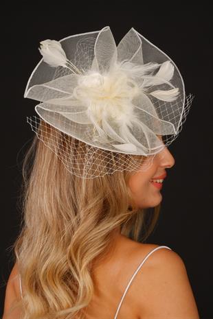 Cream Voile Wedding Hat with Mist Tulle Bridal Accessory