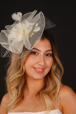 Cream Voile Wedding Hat with Mist Tulle Bridal Accessory