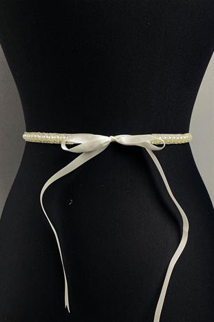 كريم نصف لؤلؤة حزام فستان مطرز حجري