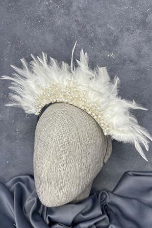 KremTüylü Kristal Boncuklu Arden Gelin Kına Tacı