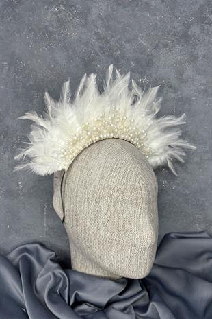 KremTüylü Kristal Boncuklu Arden Gelin Kına Tacı