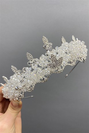Kristal Boncuklu Badem Taşlı Gelin Tacı