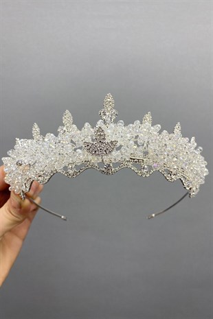 Kristal Boncuklu Badem Taşlı Gelin Tacı