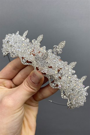 Kristal Boncuklu Badem Taşlı Gelin Tacı