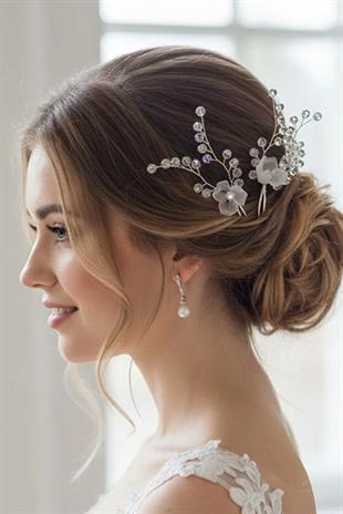 Crystal Beaded White Flower Bridal Henna Side Hair Clip Set, 5 Pieces, Wedding and Engagement Hair Accessory