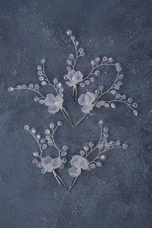 Crystal Beaded White Flower Bridal Henna Side Hair Clip Set, 5 Pieces, Wedding and Engagement Hair Accessory