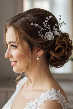 Crystal Beaded White Flower Bridal Henna Side Hair Clip Set, 5 Pieces, Wedding and Engagement Hair Accessory