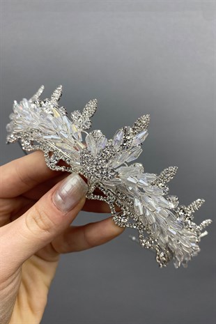 Kristal Boncuklu İşlemeli Badem Taşlı Gelin Tacı