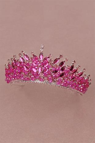 Kristal Taşlı Gelin Kına Düğün Tacı Taşlı Boncuk Süslemeli Pembe