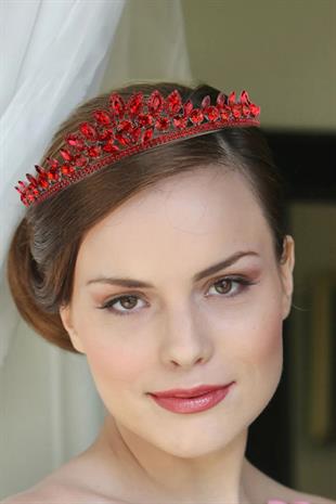 Crystal Embellished Bridal Princess Tiara, Leaf Pattern Queen Tiara, Red