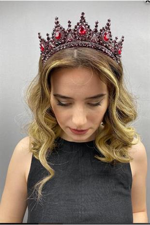 Kristal Taşlı Gelin Tacı Kırmızı