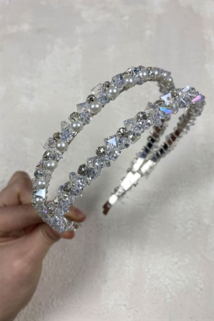 Crystal Stone Pearls Double Row Hair Accessory Bridal Crown
