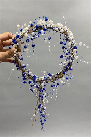 Kristalli Krem İncili ve Hasırlı Gelin Tacı