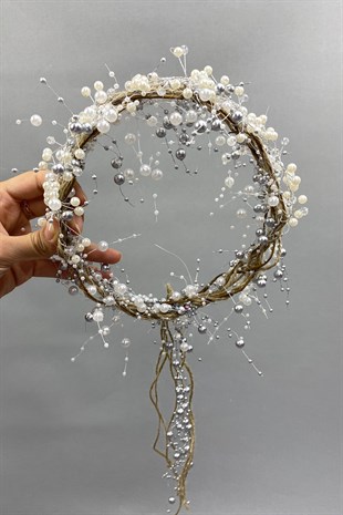 Kristalli Krem İncili ve Hasırlı Gelin Tacı