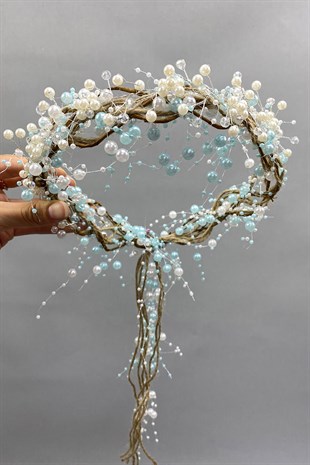 Kristalli Krem İncili ve Hasırlı Gelin Tacı