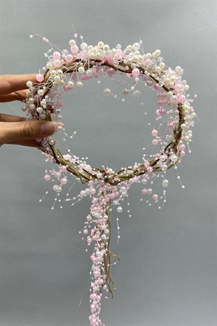 Kristalli Krem İncili ve Hasırlı Gelin Tacı