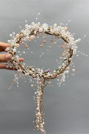 Kristalli Krem İncili ve Hasırlı Gelin Tacı