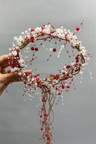 Kristalli Krem İncili ve Hasırlı Gelin Tacı