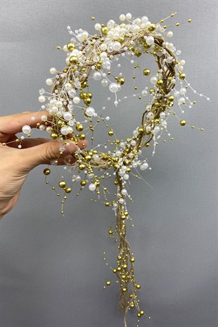 Kristalli Krem İncili ve Hasırlı Gelin Tacı