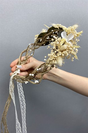 Kuru Çiçekli Dizayn Gelin Tacı ve Saç Aksesuarı