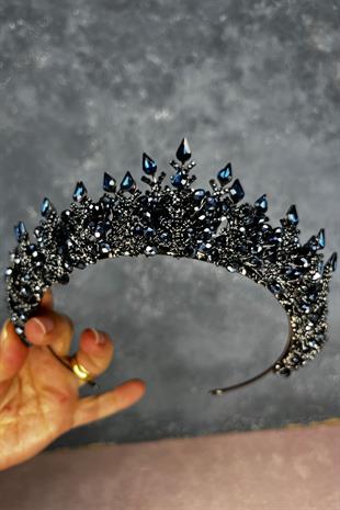 Lacivert Ala Boncuklu Tasarım Gelin Kına Tacı
