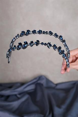Navy Blue Alfa Mekik Glass Crystal Stone Bridal Henna Crown