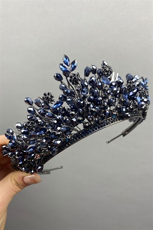 Navy Blue Arden Beaded Bridal Crown Headband Accessory