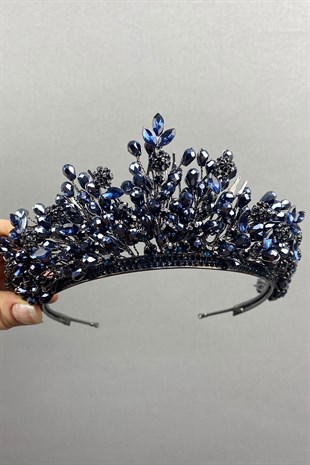 Navy Blue Arden Beaded Bridal Crown Headband Accessory