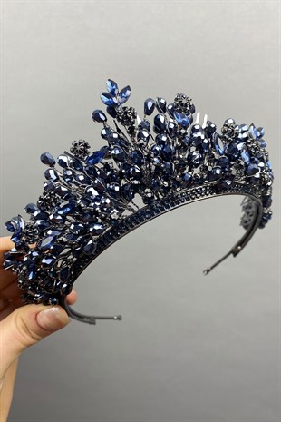Navy Blue Arden Beaded Bridal Crown Headband Accessory