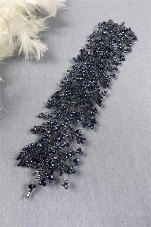 Lacivert Arden Kristal Boncuklu Saç Bandı ve Gelin Kına Tacı