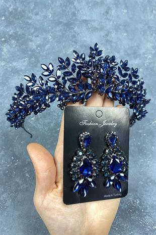 Navy Blue Original Bead Embroidered Bridal Henna Crown And Earring Set