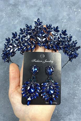 Navy Blue Original Bead Embroidered Bridal Henna Tiara and Stud Earrings Set